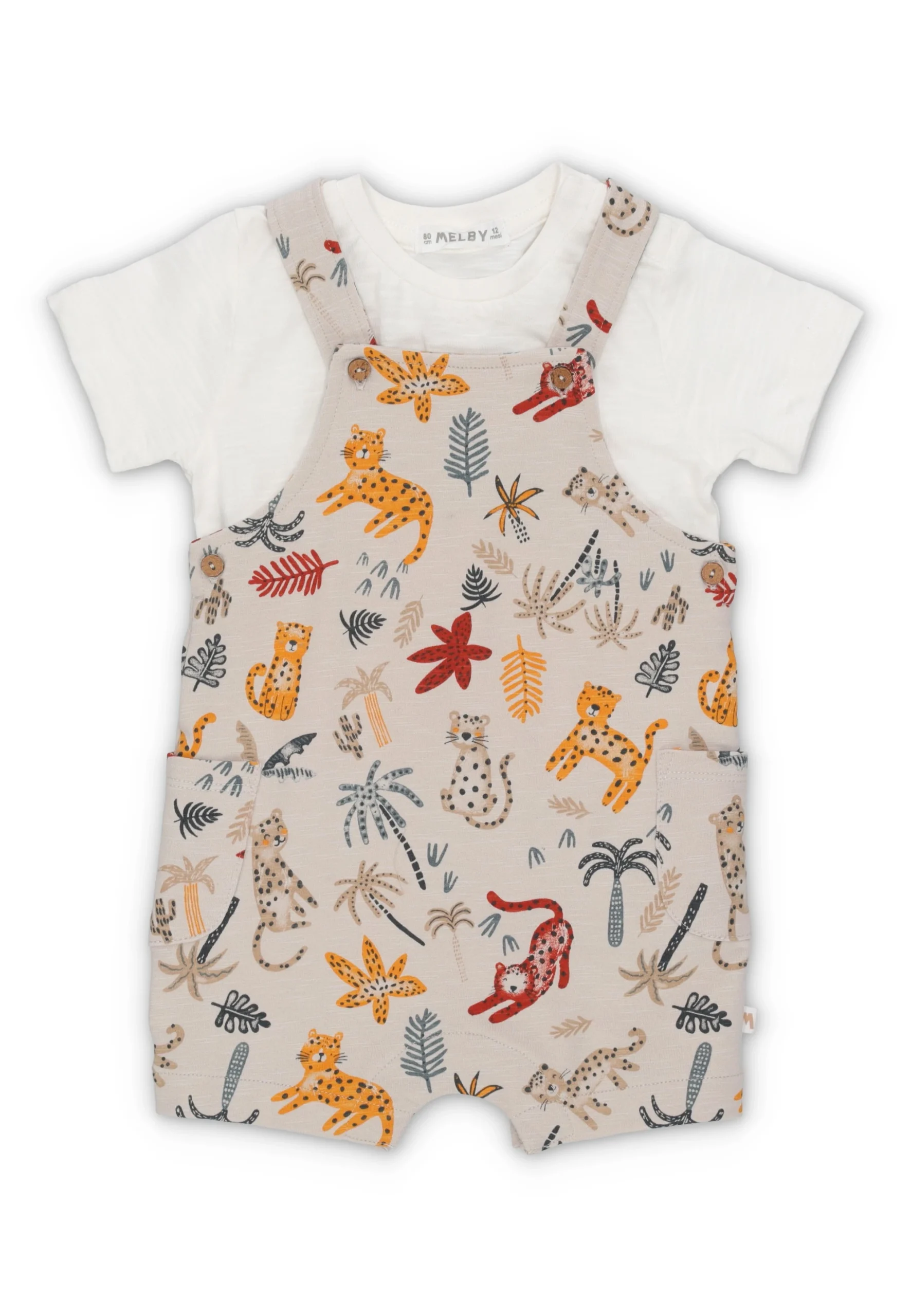 Completino con salopette e t-shirt Melby in fantasia giungla