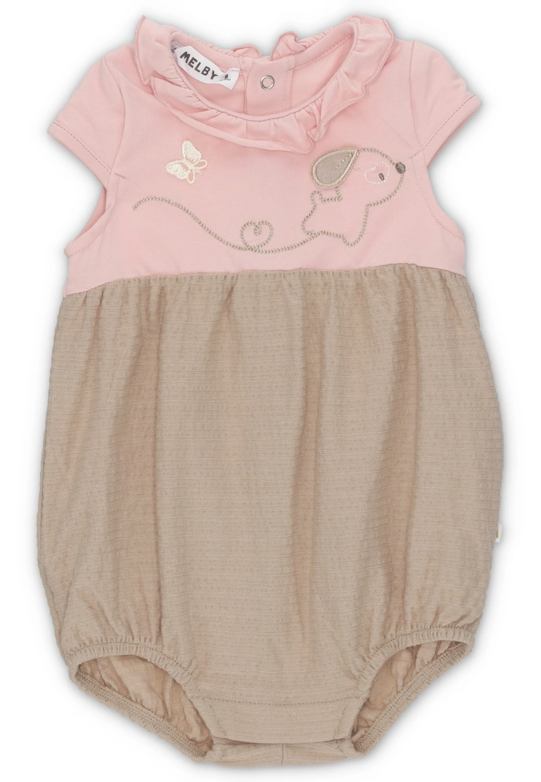 Pagliaccetto Melby neonata con ricamo cagnolino e rouches