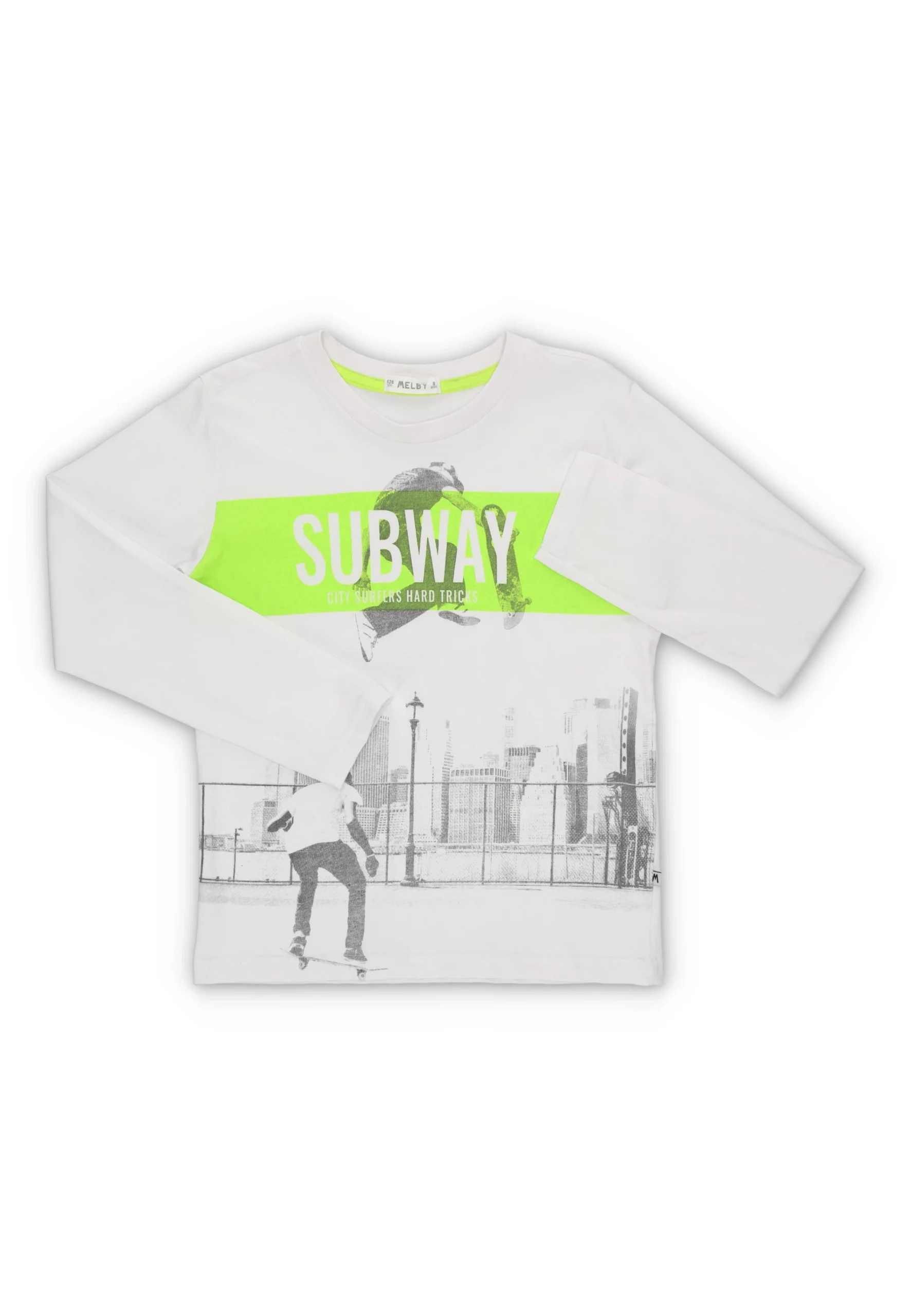 Maglia in cotone Melby ragazzo con stampa e riga fluo