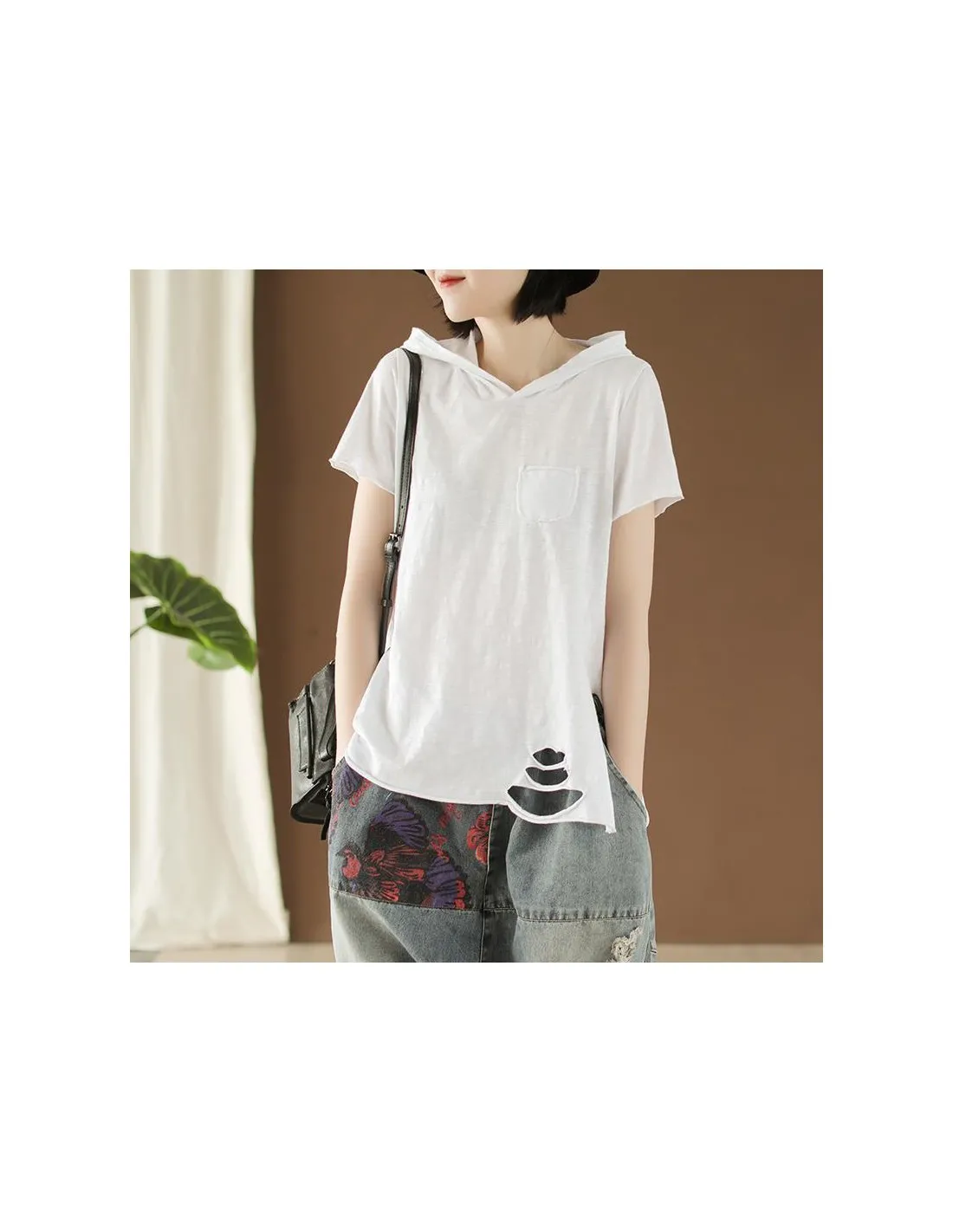 100 cotone maglietta con cappuccio estate moda donna manica corta maglietta allentata del foro femme maglietta bianca casuale ma