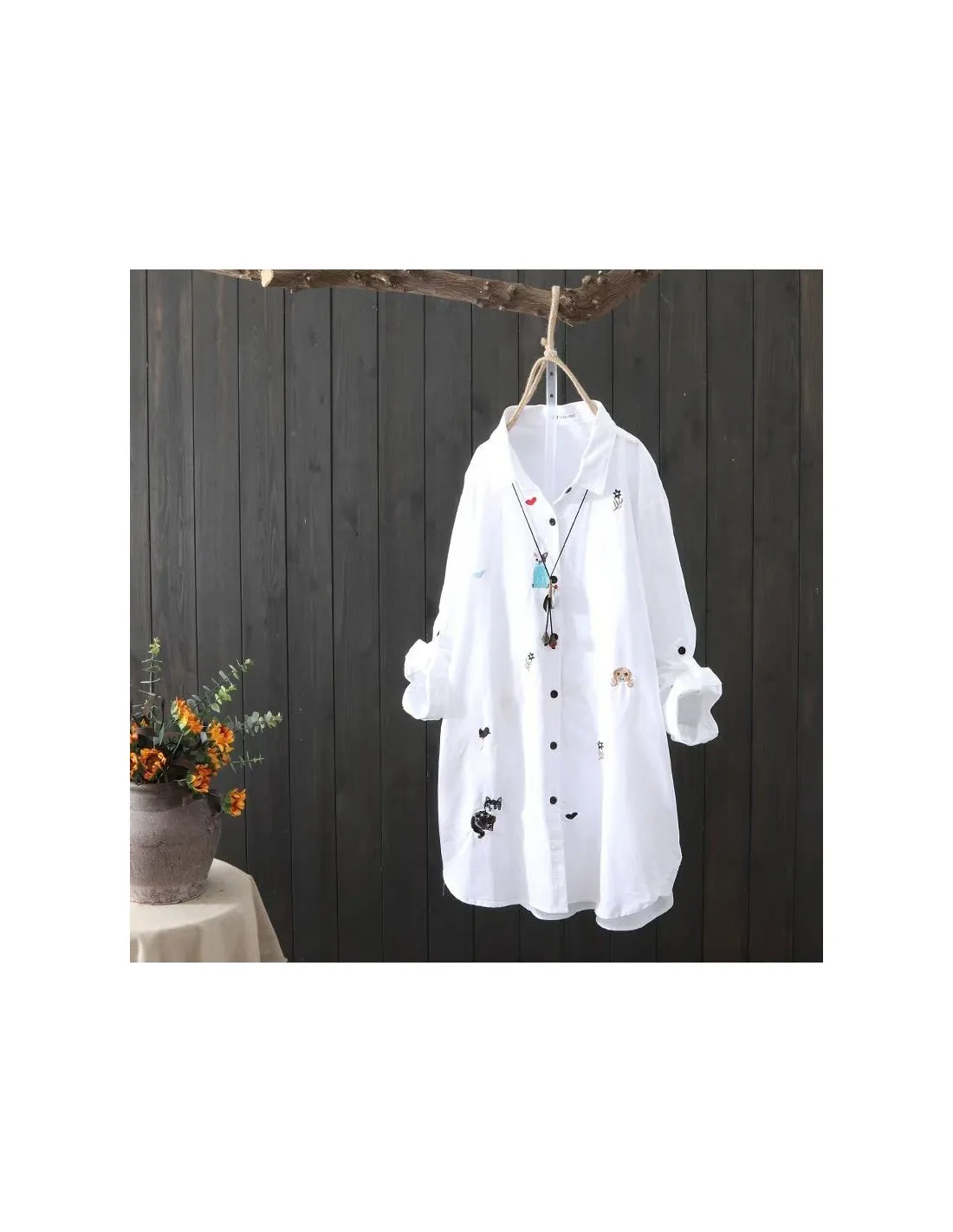 100 cotone primavera autunno donna camicia bianca manica lunga allentata camicetta lunga casual camice ricamo animali da donna D