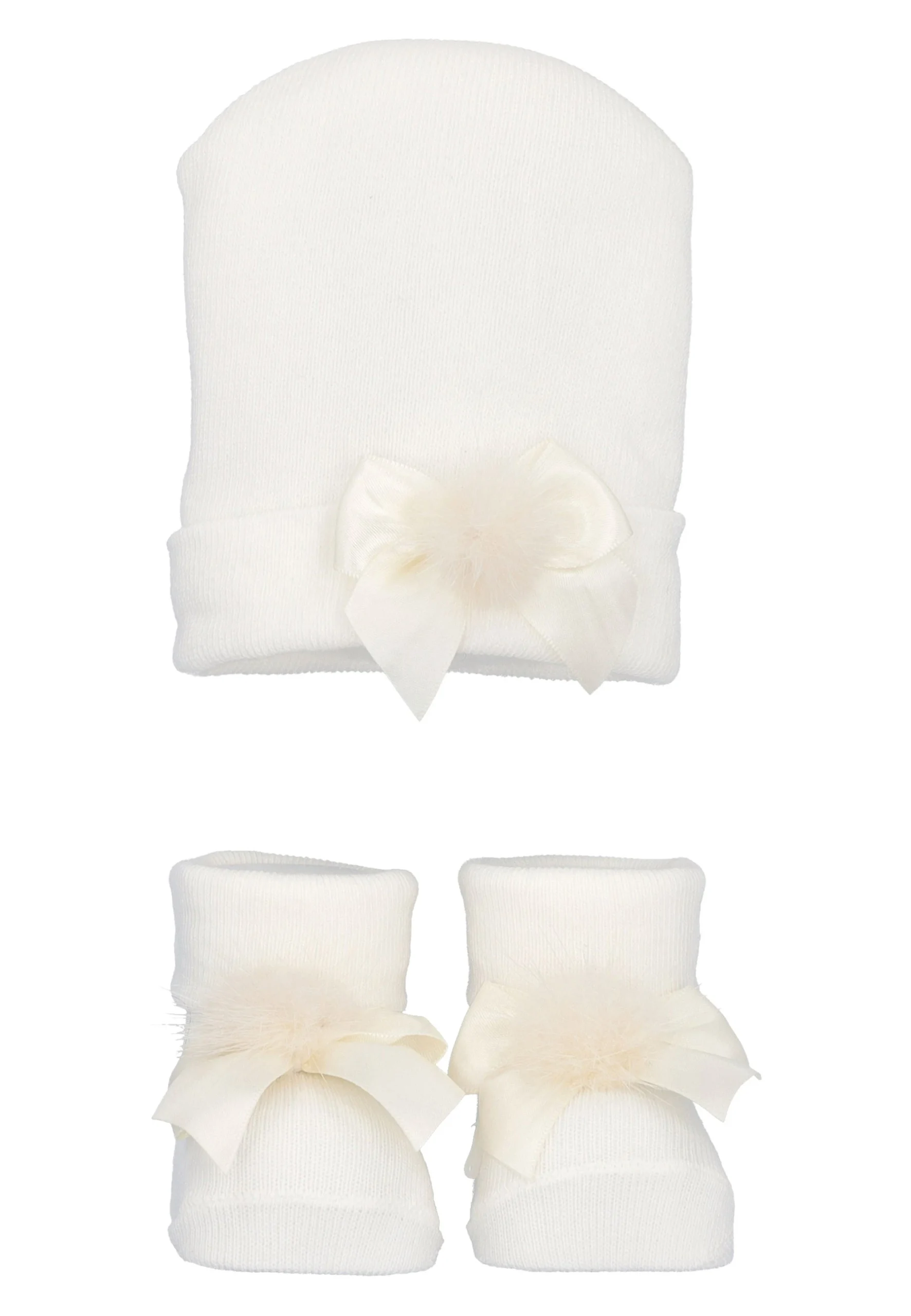 Set scarpina in filo e berretto con fiocco e pompon decorativo