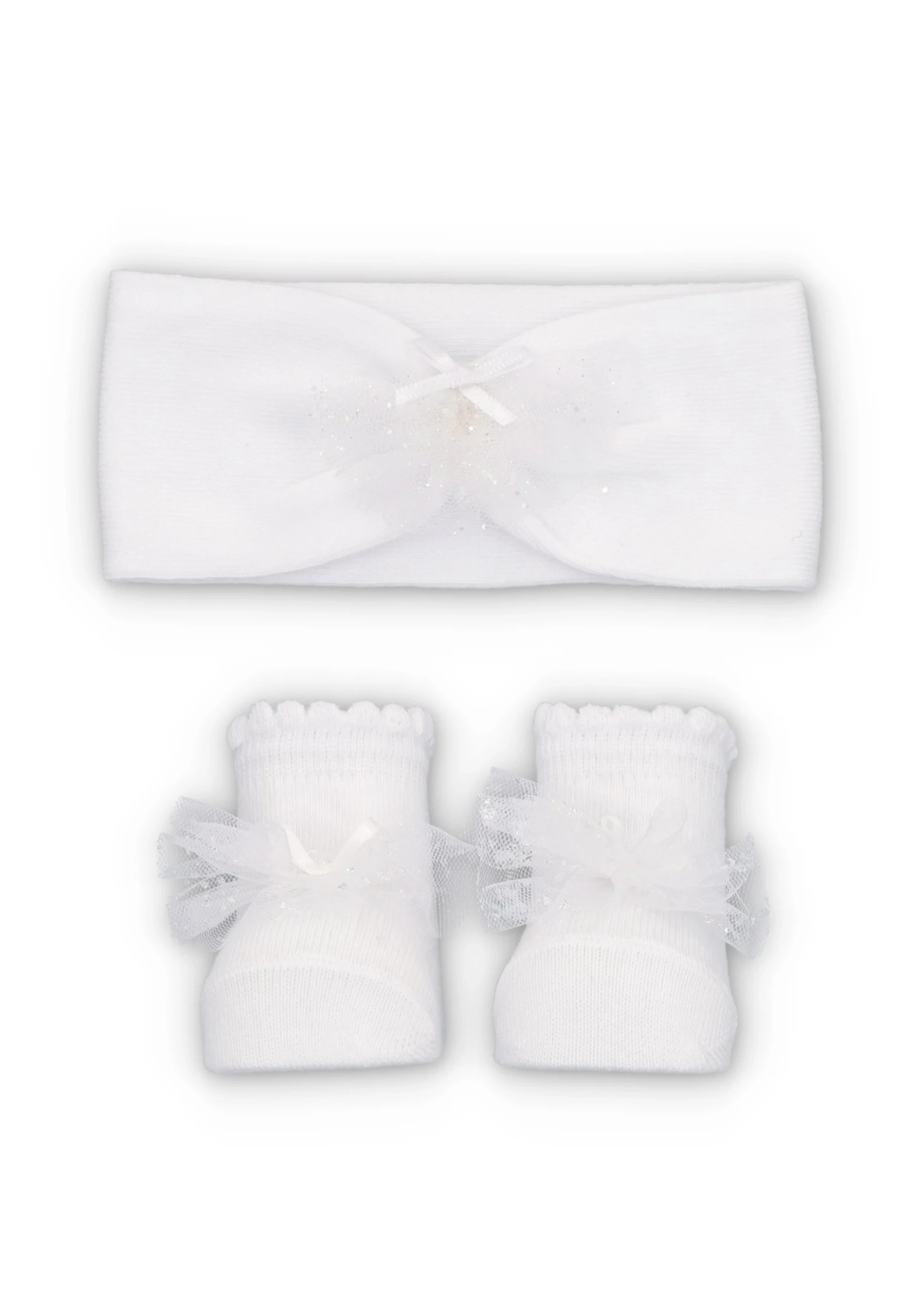 Set scarpette e fascietta in fili Mafer con fiocco in tulle