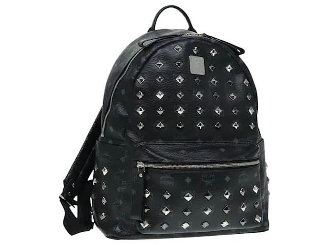 MCM Vicetos Logogram Studs Zaino PVC Nero Argento Auth yk14954