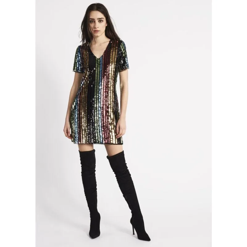 Abito con paillettes a righe multicolor