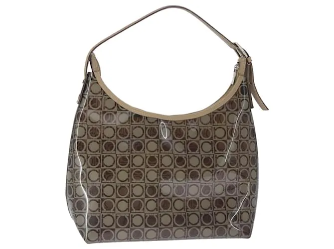 Salvatore Ferragamo Borsa a spalla Gancini in vinile pelle marrone argento autentica 102694