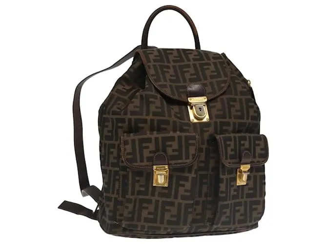 Zaino in tela Zucca FENDI marrone nero oro Auth 91551 D'oro