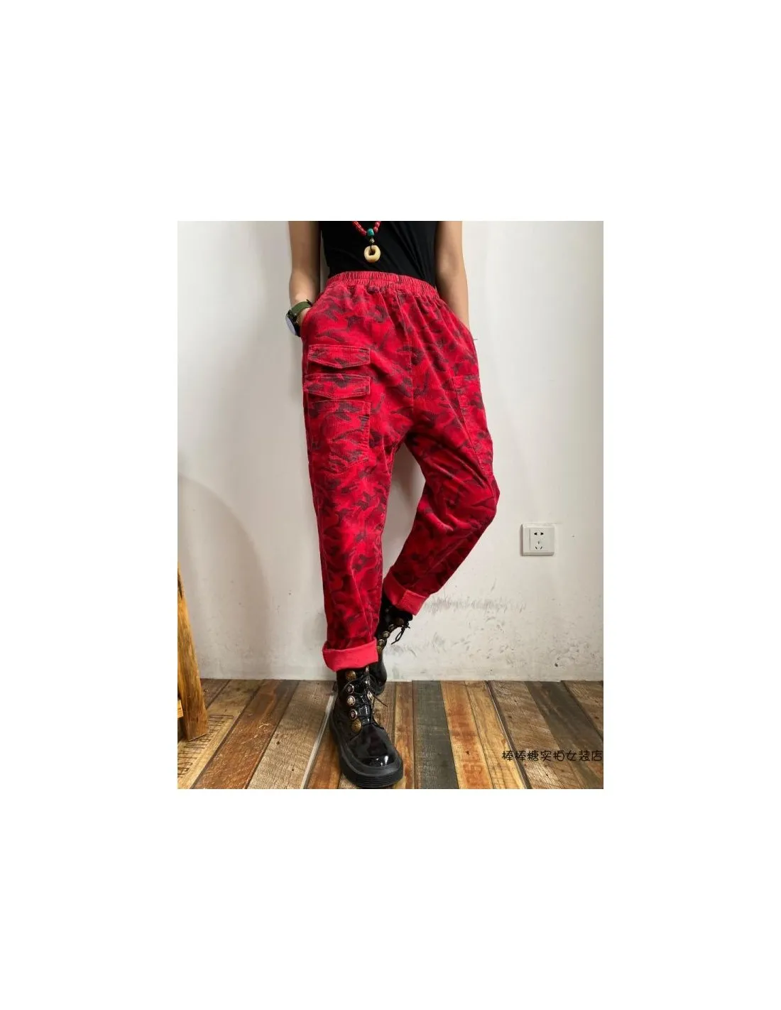 2022 Autunno Nuove Arti di Stile Delle Donne Elastico In Vita Camouflage Cotone di Velluto A Coste Harem Pantaloni Patch Tasca P