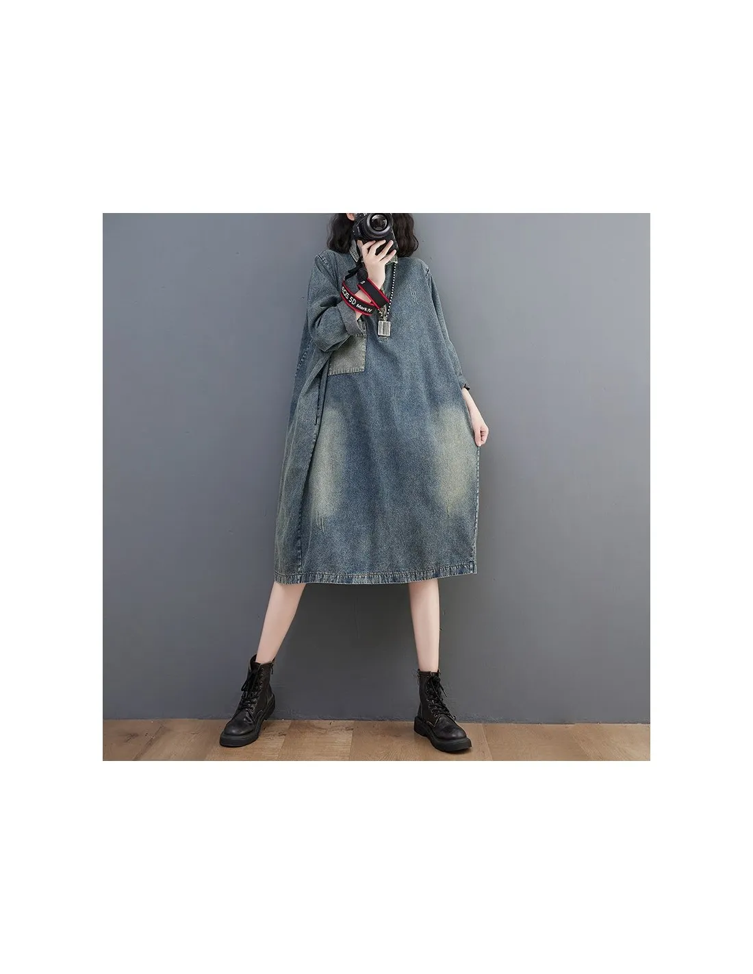 2022 Autunno New Arts Style Women Long Sleeve Loose Lunghezza al ginocchio Abiti Vintage Blue Turn Down Collar Cotton Denim Dres