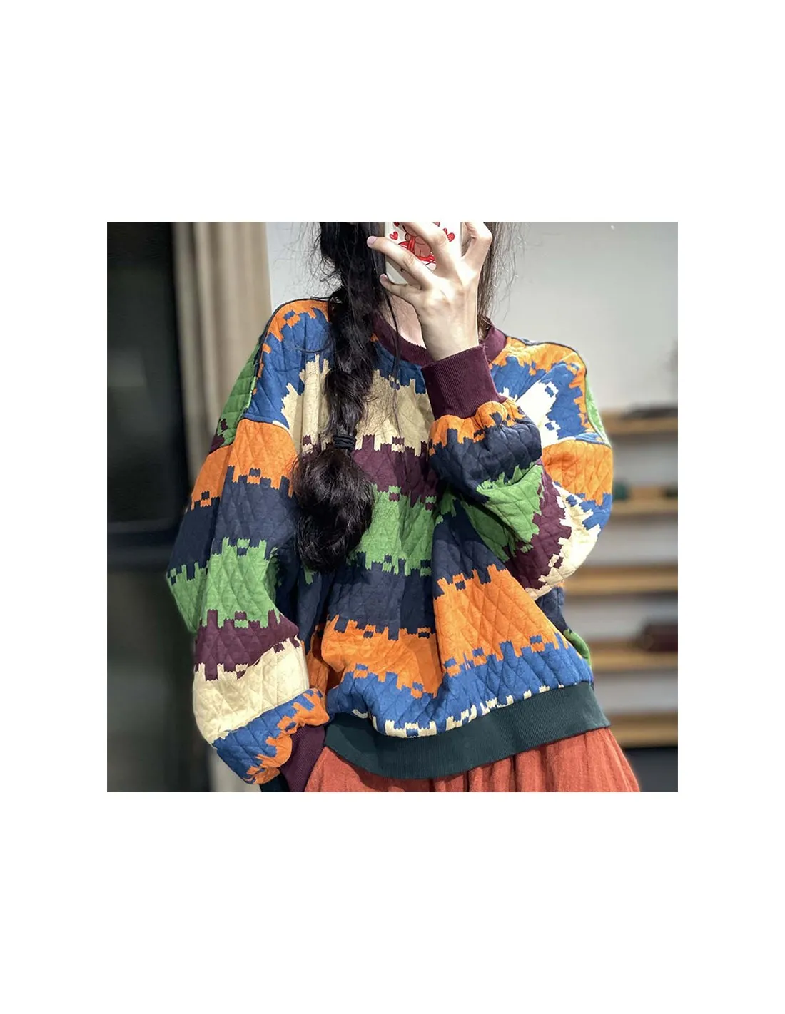 2022 Autunno Nuove Donne di Stile di Arti A Maniche Lunghe Pullover Allentati Tutti Abbinati Casual Colorato Plaid Cotone O Coll
