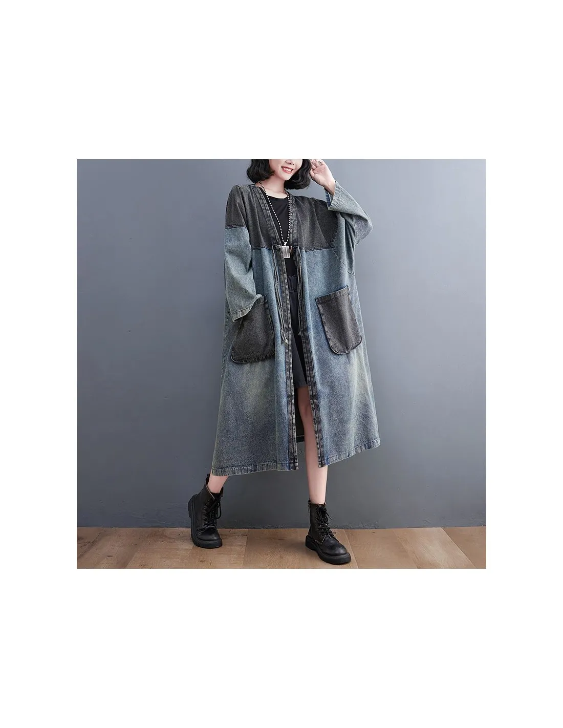 2022 Autunno New Arts Style Donna Manica lunga Sciolto Monopetto Patchwork Denim Trench Cappotto lungo con scollo a V e doppia t