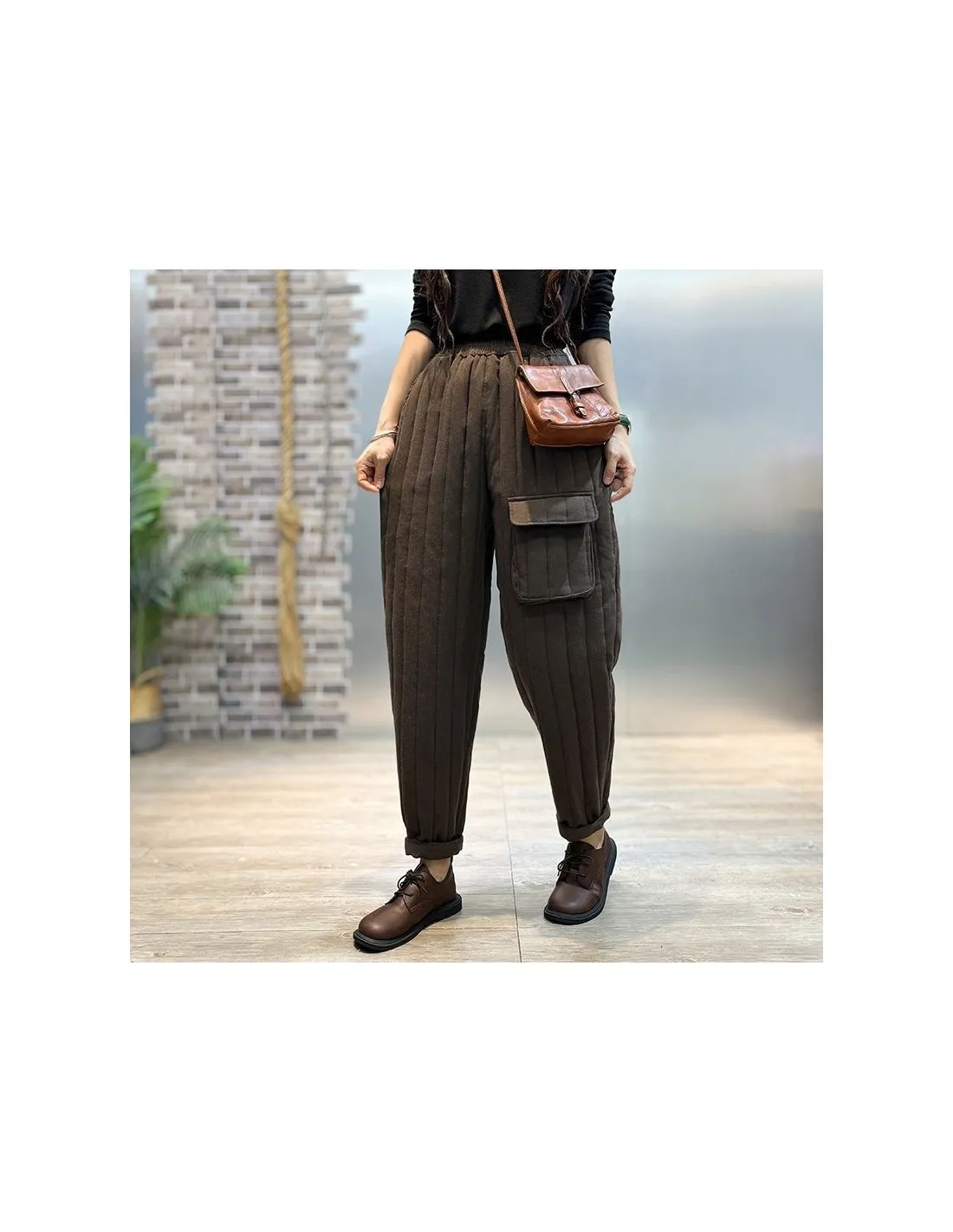 2022 Autunno Inverno Stile Arti Donna Elastico In Vita Pantaloni Harem Casual Allentati Tasca Singola Addensare Pantaloni Caldi