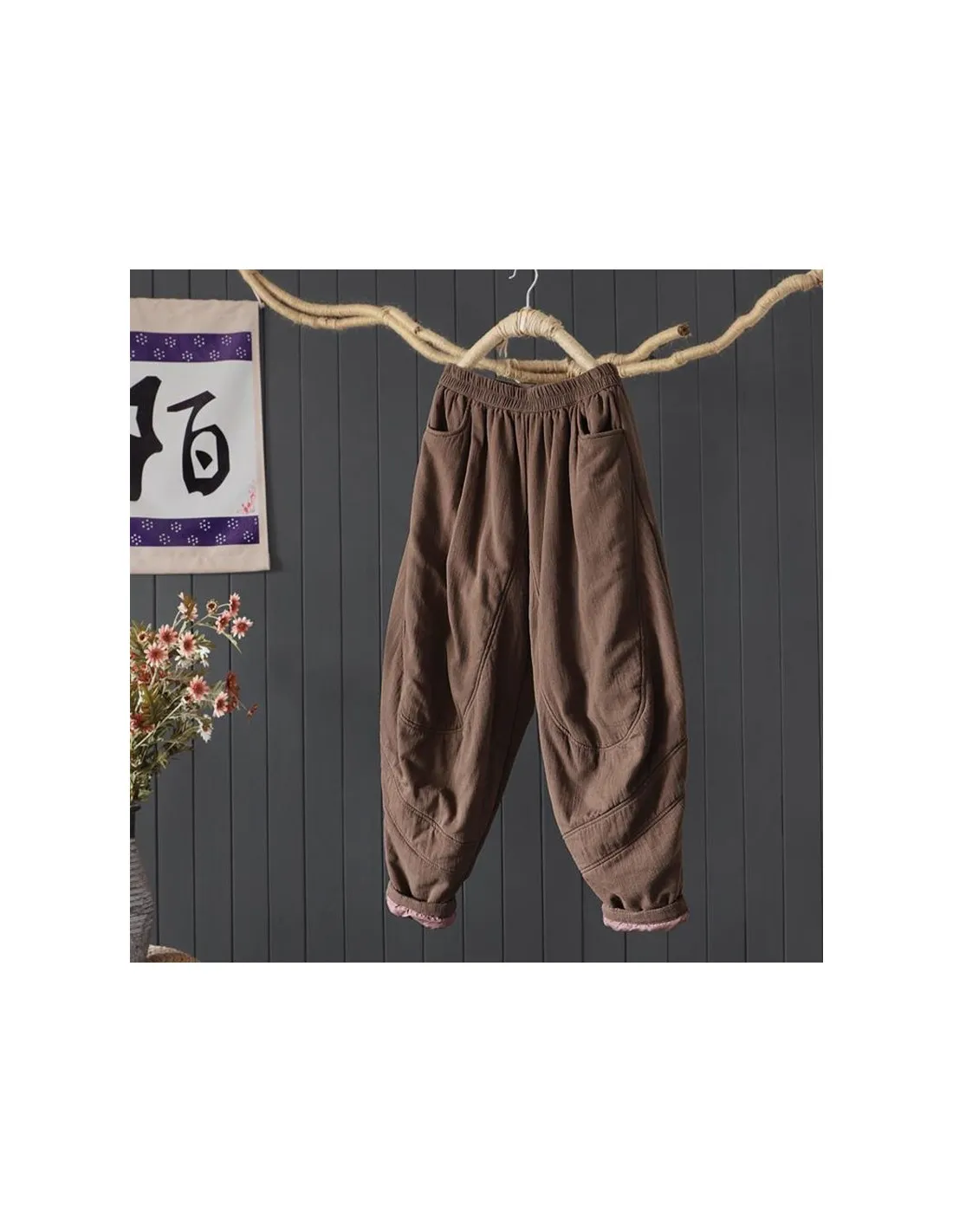 2022 Autunno Inverno New Arts Style Donna Vita elastica Casual Addensare Pantaloni larghi caldi Pantaloni Harem in lino di coton