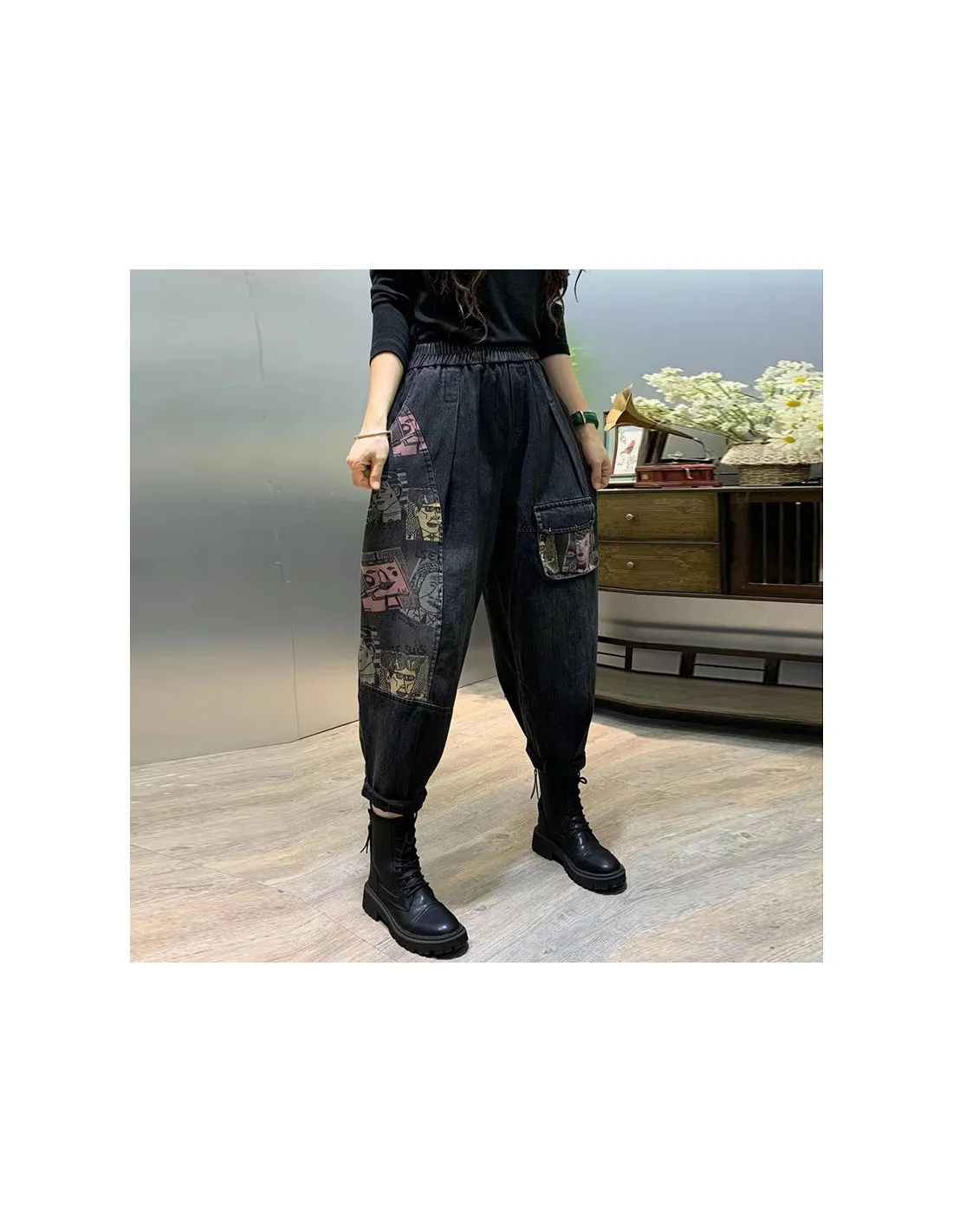 2022 Autunno Inverno New Arts Style Donna Elastico in vita Pantaloni Harem in denim di cotone Design a tasca singola Jeans largh