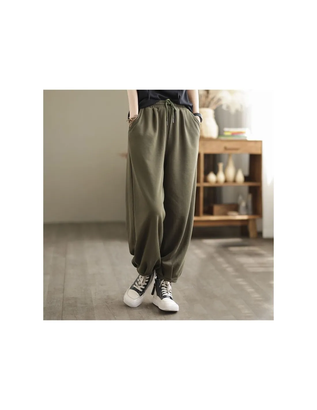 2022 Autunno Inverno New Arts Style Donna Vita elastica Pantaloni larghi alla caviglia Tutti abbinati Casual Addensare Caldo Har