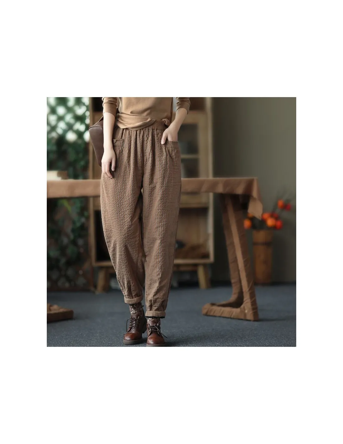 2022 Autunno Inverno New Arts Style Donna Elastico in vita Pantaloni larghi alla caviglia Addensare Pantaloni Harem a righe in c