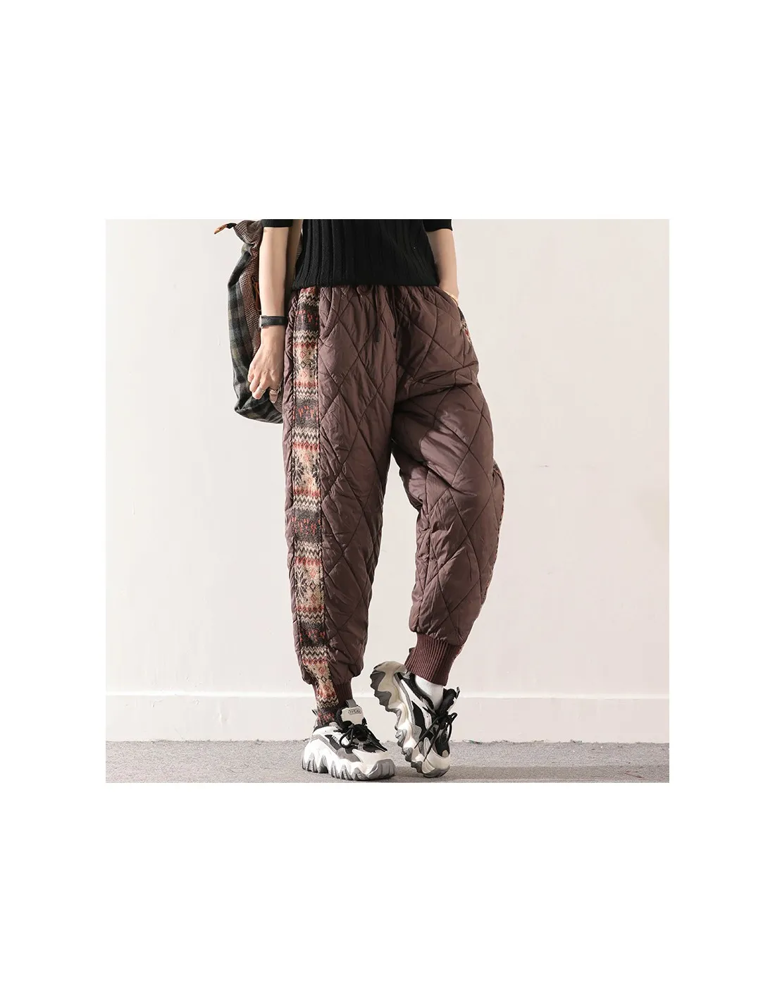 2022 Autunno Inverno New Arts Style Donna Vita elastica Pantaloni larghi alla caviglia Banda laterale Addensare Pantaloni Harem
