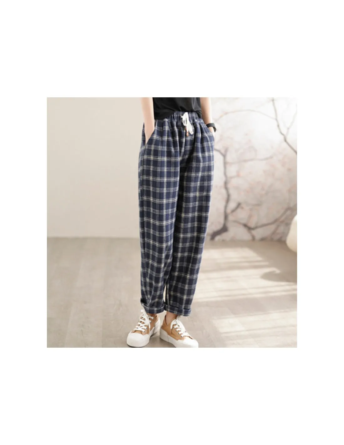 2022 Autunno Inverno New Arts Style Donna Elastico in vita Allentato Addensare Pantaloni alla caviglia Tutti abbinati Plaid casu