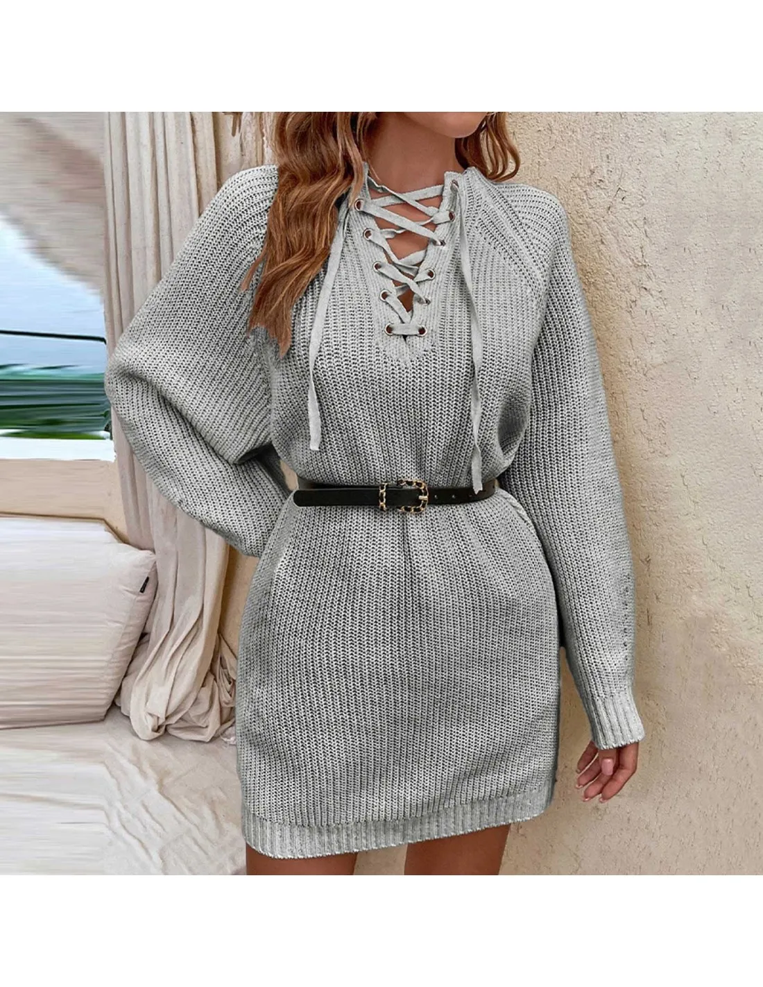 2022 Autumn Winter Sweater Dress Solid Color V Neck Lace Up Knitted Mini Dress Casual Loose Elegant Thick Warm Sweater D