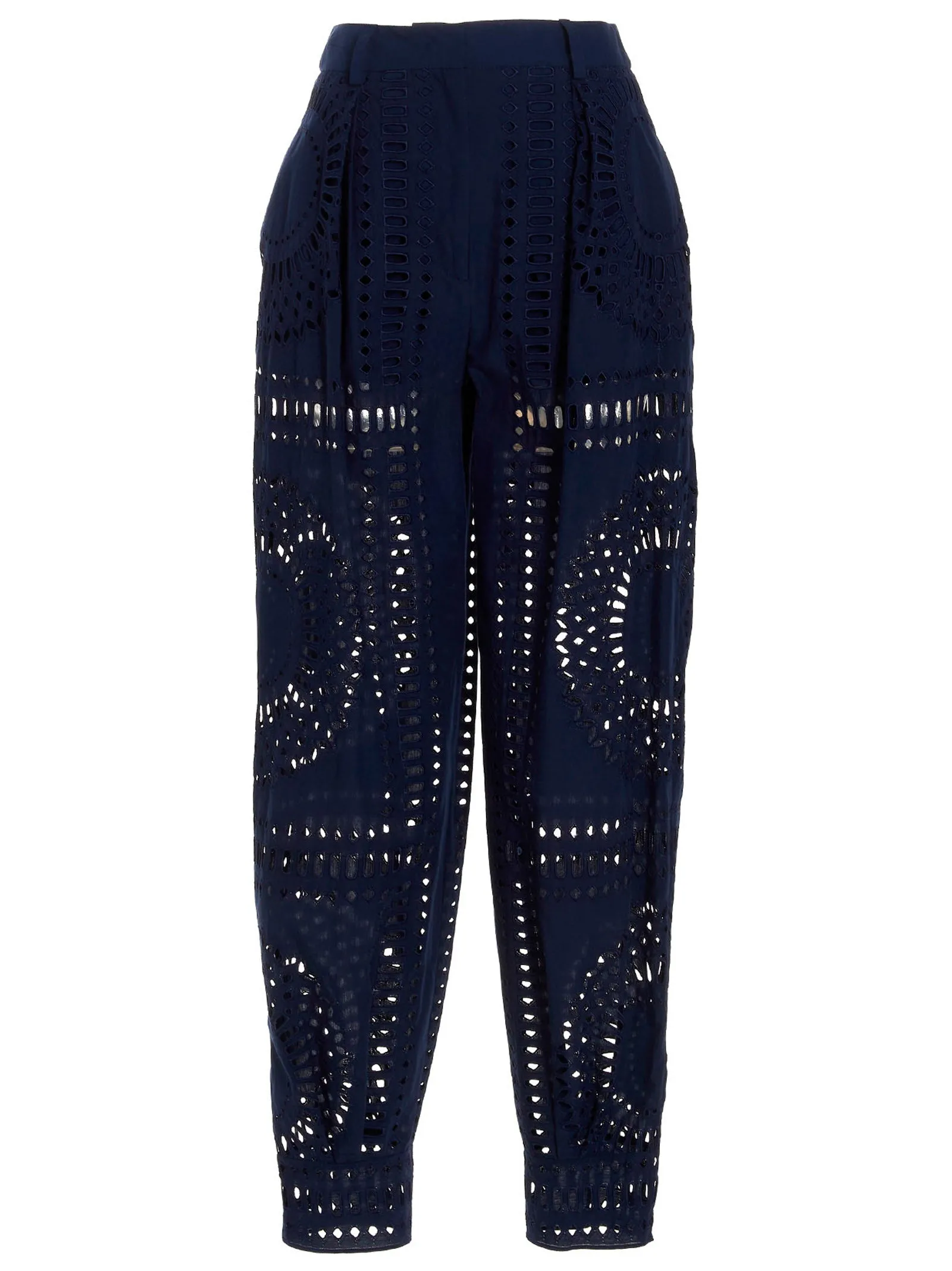 Embroidered Cotton Pantaloni Blu