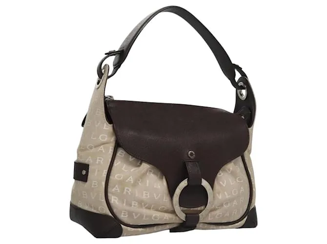 Bulgari Borsa a mano BVLGARI in tela di pelle beige marrone argento autentica 113142