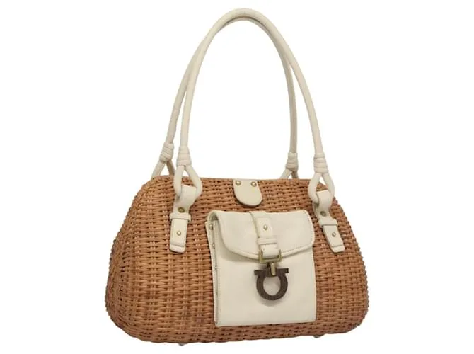 Salvatore Ferragamo Borsa Gancini Basket in rattan e pelle marrone dorato Auth 113007 Bianco D'oro