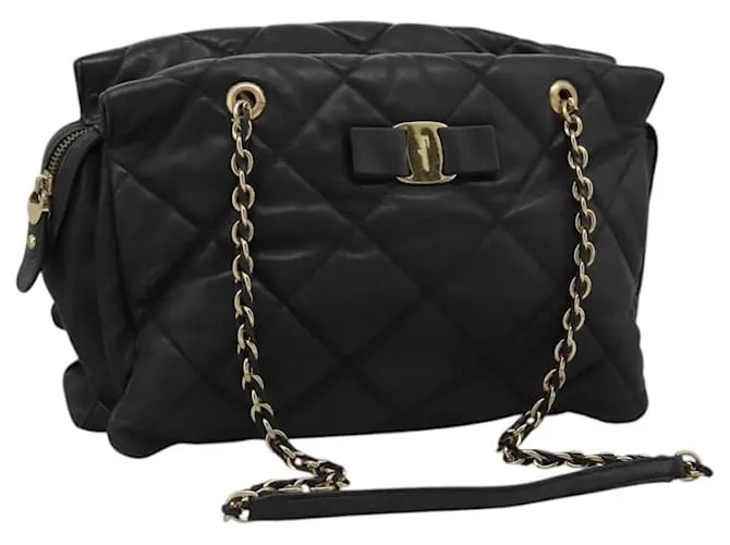 Borsa a catena trapuntata Vara in pelle nera e oro Auth 114789 di Salvatore Ferragamo Nero D'oro