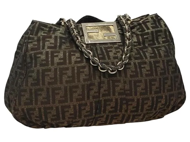 Borsa tote in tela Zucca FENDI con catena marrone nero oro Auth BA393 D'oro