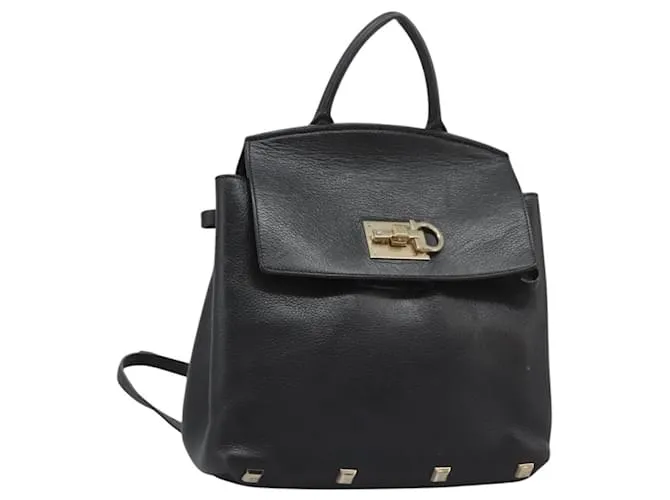 Zaino in pelle nera e oro Gancini di Salvatore Ferragamo Auth 115181 Nero D'oro