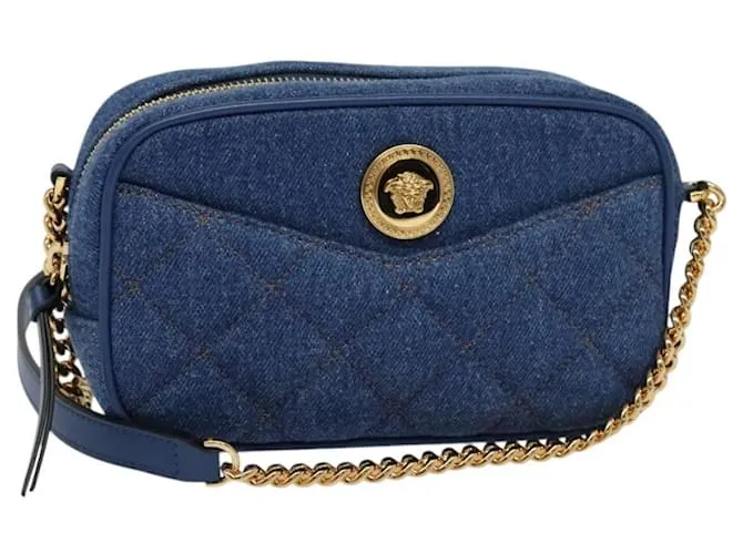Borsa a spalla VERSACE in denim blu oro Auth EC394A D'oro