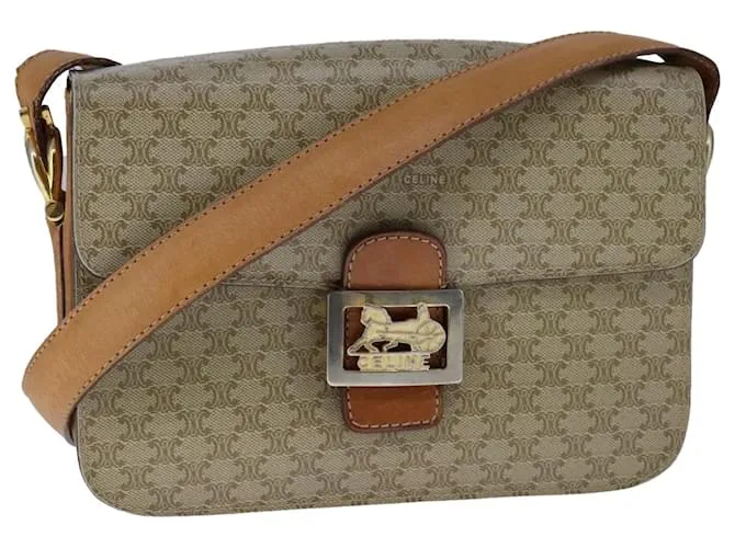 Céline Borsa a spalla in tela Macadam CELINE PVC beige oro Auth 104244 D'oro