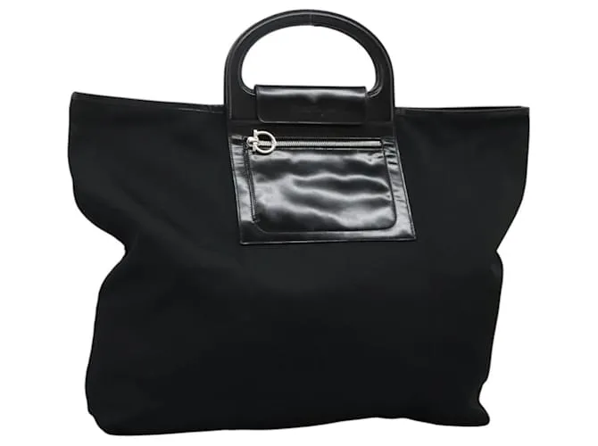 Borsa a mano Gancini in nylon nero Salvatore Ferragamo Auth 116072
