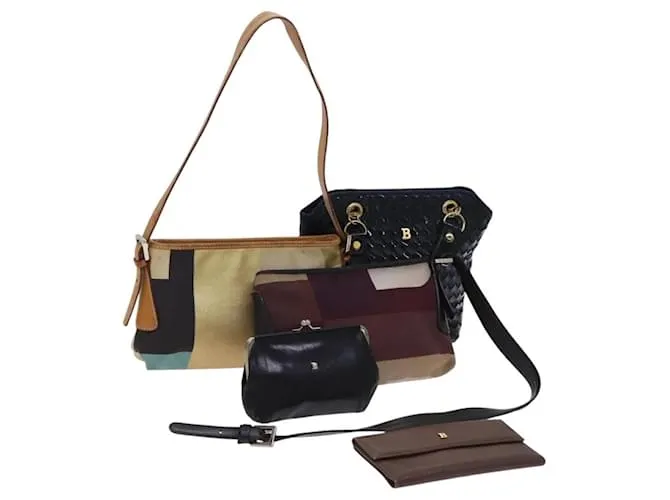 BALLY Borsa a Spalla Tela Pelle 5Set Beige Marrone Blu Marino Auth bs24168 Blu navy