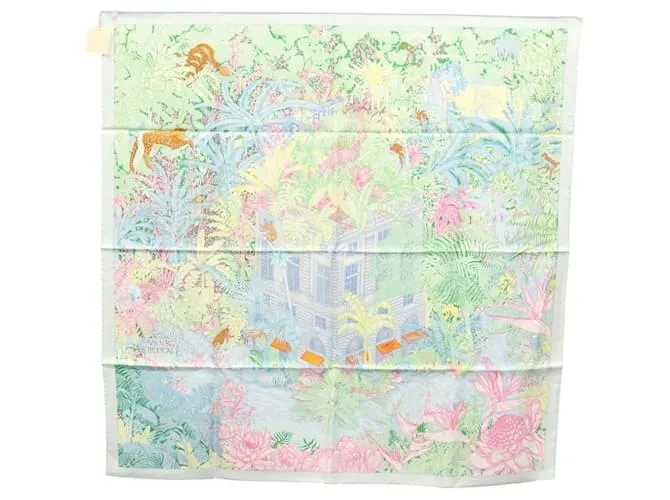 Hermès Foulard HERMES Carre 90 ""Faubourg Tropical"" in seta verde Auth yk17852