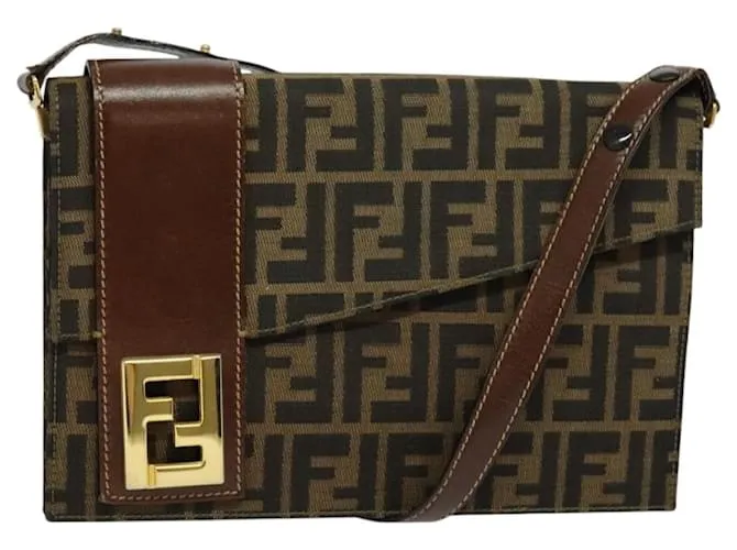 Borsa a spalla FENDI in tela Zucca marrone nero oro Auth 118127 D'oro