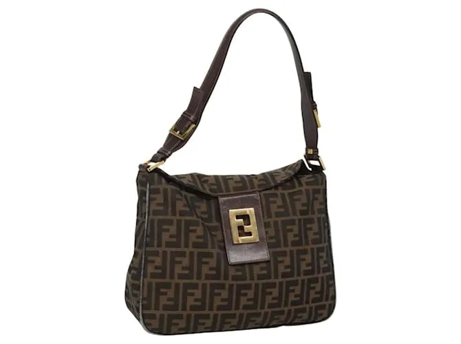 Borsa a spalla FENDI in tela Zucca nera e marrone Auth 116318 Nero