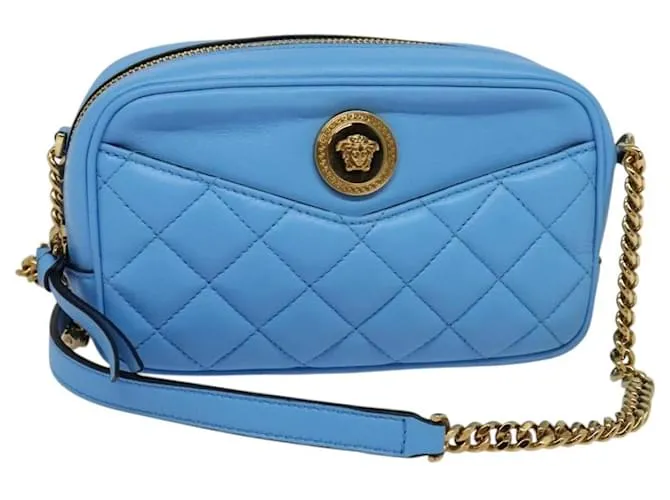 Borsa a spalla in pelle trapuntata con catena VERSACE Blu Oro Auth 120479 D'oro