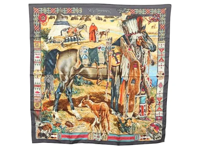 Hermès HERMES Foulard Carré 90 "Les Cheyennes" Seta Marrone Auth am8278