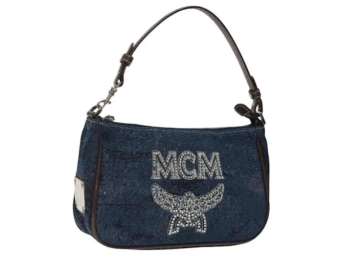 Pochette Accessorio MCM in Tela Blu Navy Argento Auth 121847