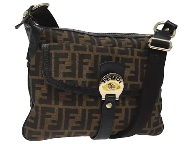 Borsa a spalla FENDI in tela Zucca nera marrone oro Auth sw462 Nero D'oro