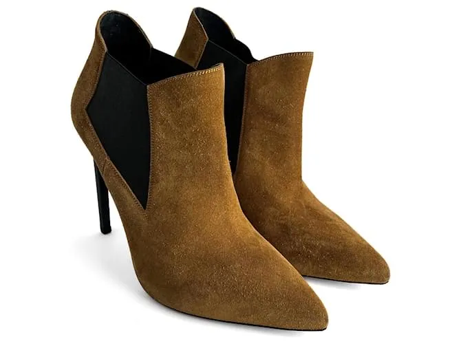 Saint Laurent Stivaletti con tacco alto in suede Ela Classic Paris 40 1/2 Cannella Caramello
