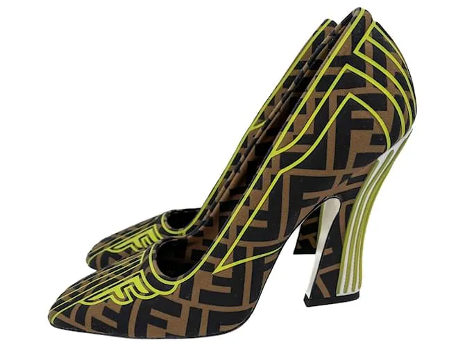Fendi Pumps in pelle e tessuto 39 Jacquard marrone Multicolore