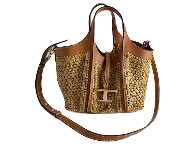 Tod's T Mini Borsa Shopper in Raffia Intrecciata e Pelle Crossbody Naturale Marrone Caramello