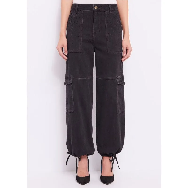 Jeans cargo in cotone con strass