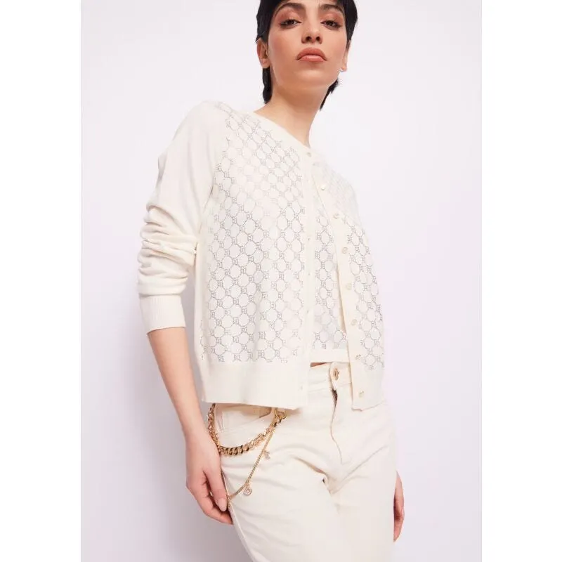 Cardigan bianco con logo e strass