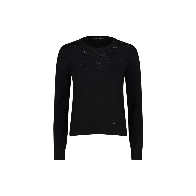 Maglia nera girocollo con strass