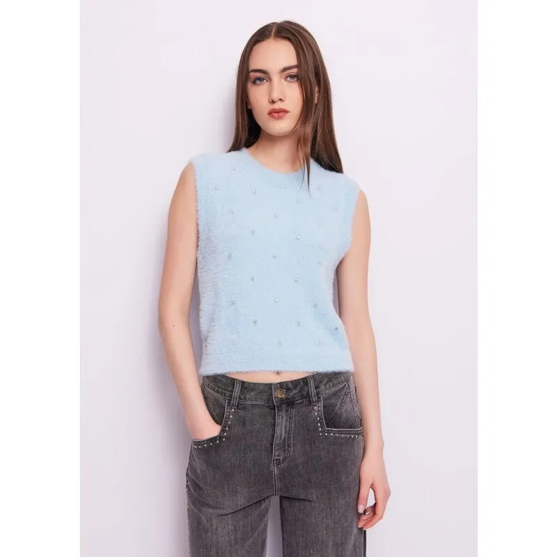 Gilet azzurro con strass
