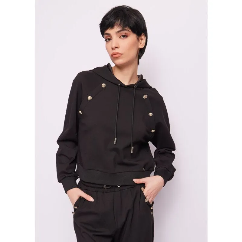 Felpa nera con cappuccio e bottoni