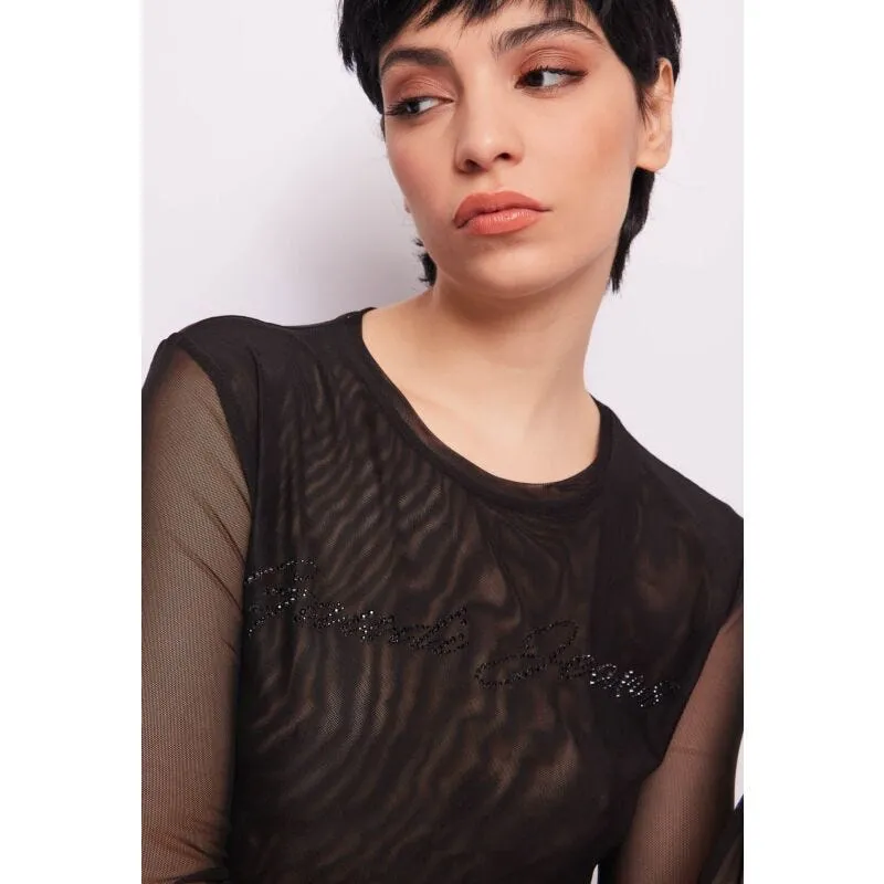 T-shirt nera in tulle con logo
