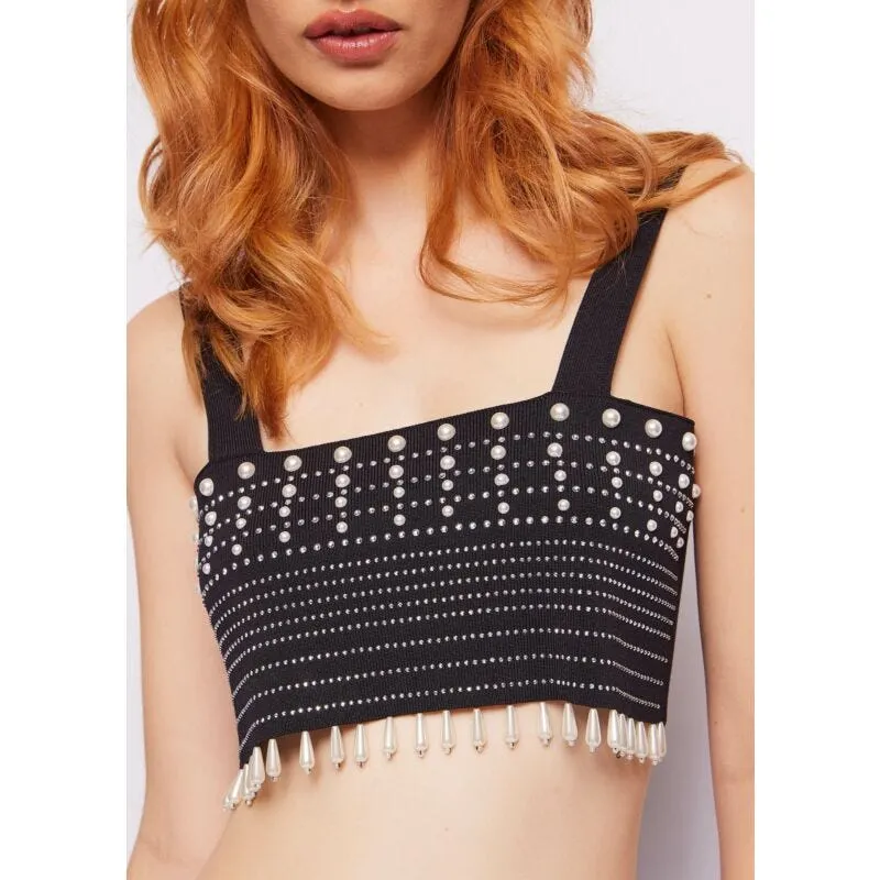 Top in maglia con strass e perle